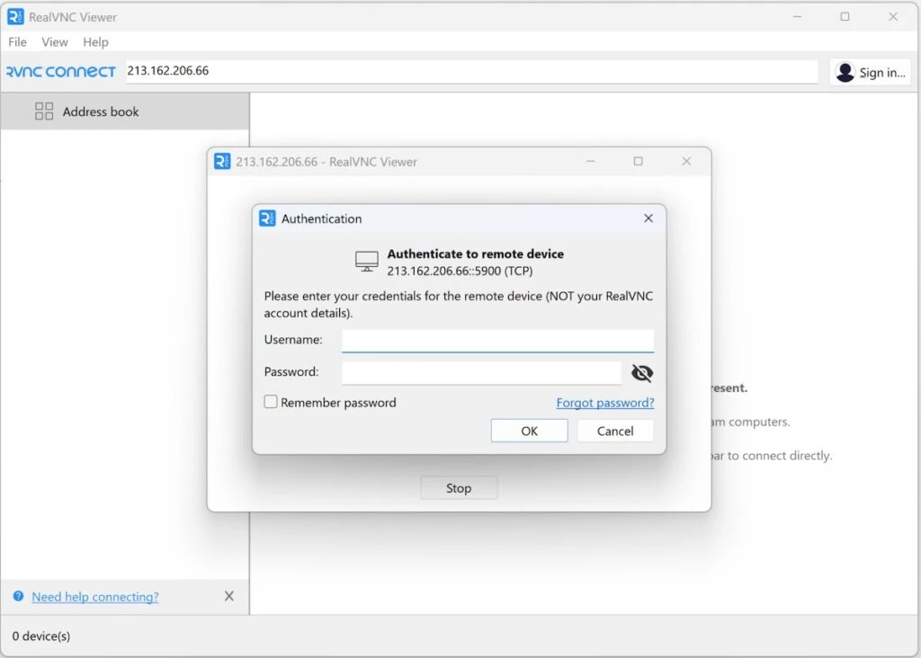 Screen 02: RealVNC Viewer authentication window