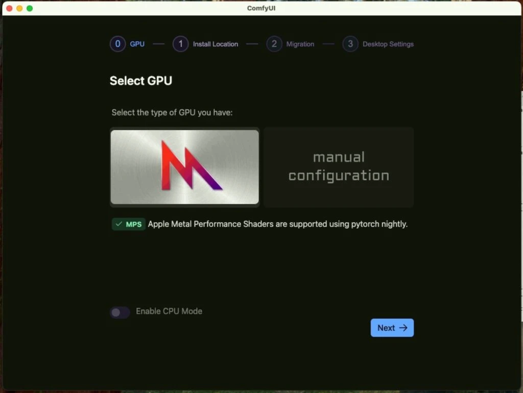 Screen 08: GPU selection: MPS (Apple Silicon)
